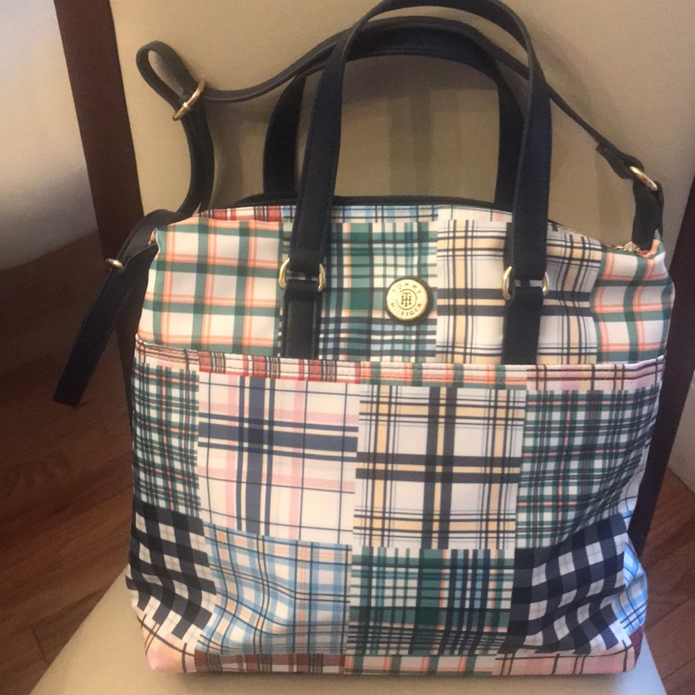 Tommy Hilfiger Patchwork Plaid Travel Tote with Navy Straps